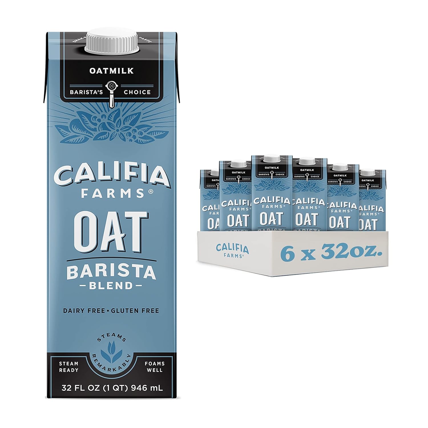 Califia Farms - Oat Barista Blend Oat Milk, 32 Oz (Pack of 6), Shelf Stable, Dairy Free, Plant Based, Vegan, Gluten Free, Non GMO, High Calcium, Milk Frother, Creamer, Oatmilk