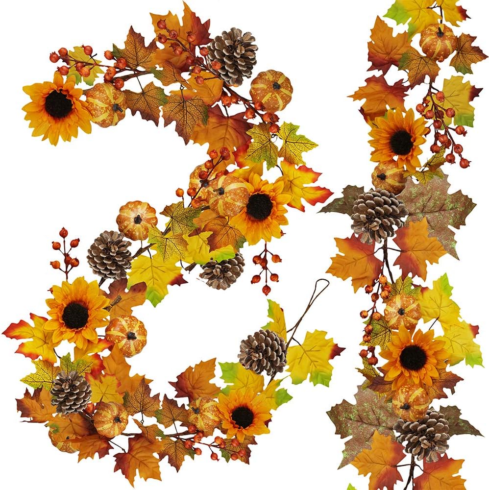 2 Pack Fall Maple Leaf Garland - 6ft/Piece Artificial Berries Sunflower Pumpkin Autumn Garland Decoration for Wedding Party Thanksgiving Dinner Fireplace Door Frame Doorway Backdrop Decor