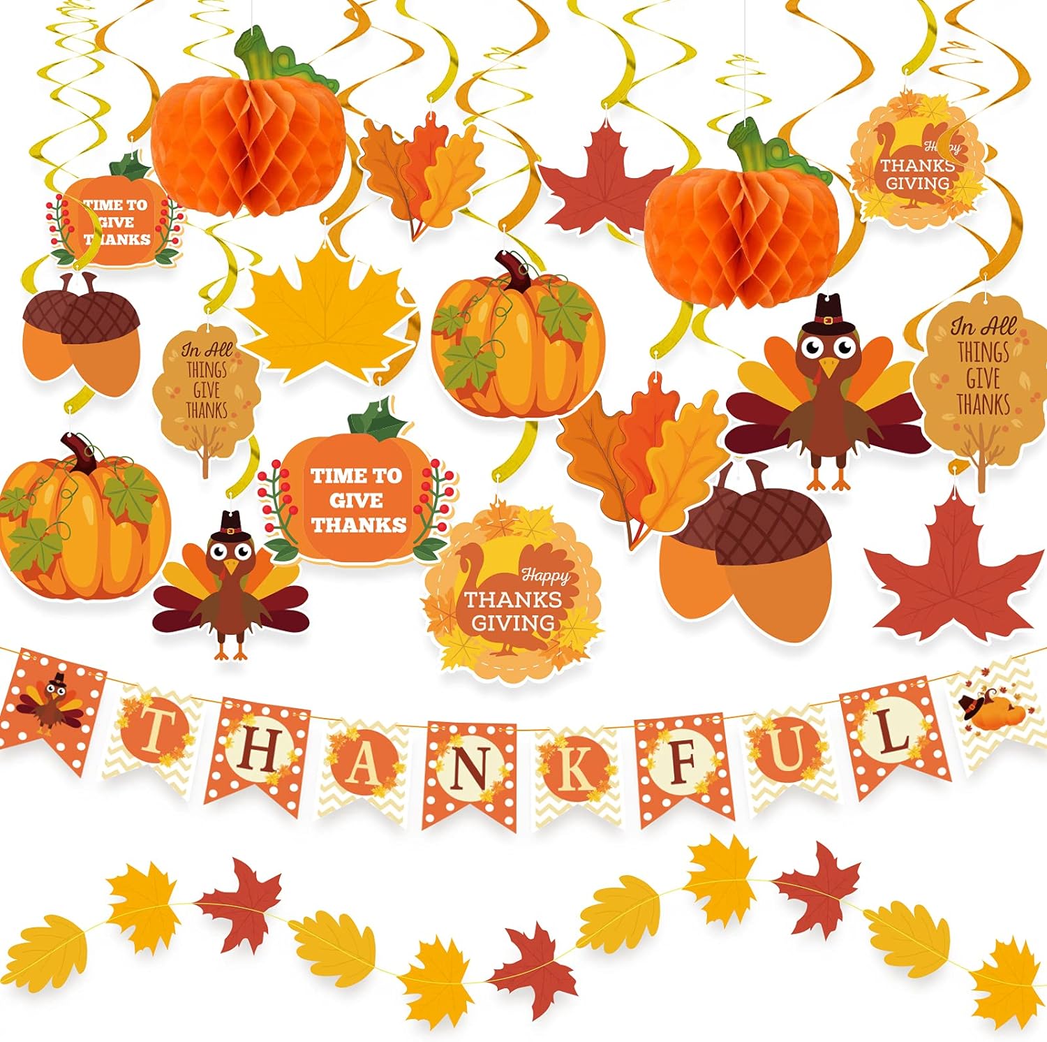 Dazonge Thanksgiving Decorations 40PCS, Fall Leaves String and Honeycomb Pumpkins for Indoor and Outdoor Thanksgiving Decor, Thanksgiving Decorations for Home