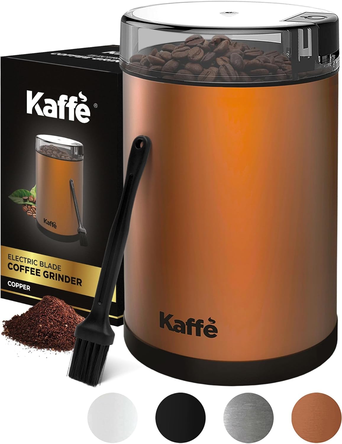 Kaffe Coffee Grinder Electric. Best Coffee Grinders for Home Use. (14 Cup) Easy On/Off w/Cleaning Brush Included. Copper