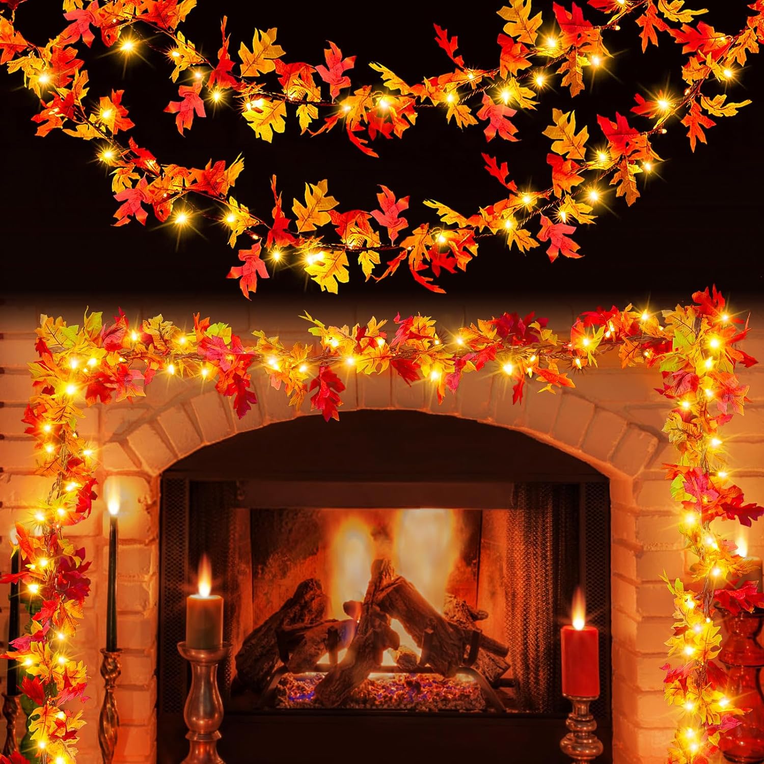 Fall Decor Maple Thanksgiving Lights Garland 9Ft 50 Incandescent Bulbs Connectable Lighted Fall Garland Plug in Fall Decorations for Outdoor Indoor Home Party Autumn Halloween Thanksgiving Harvest