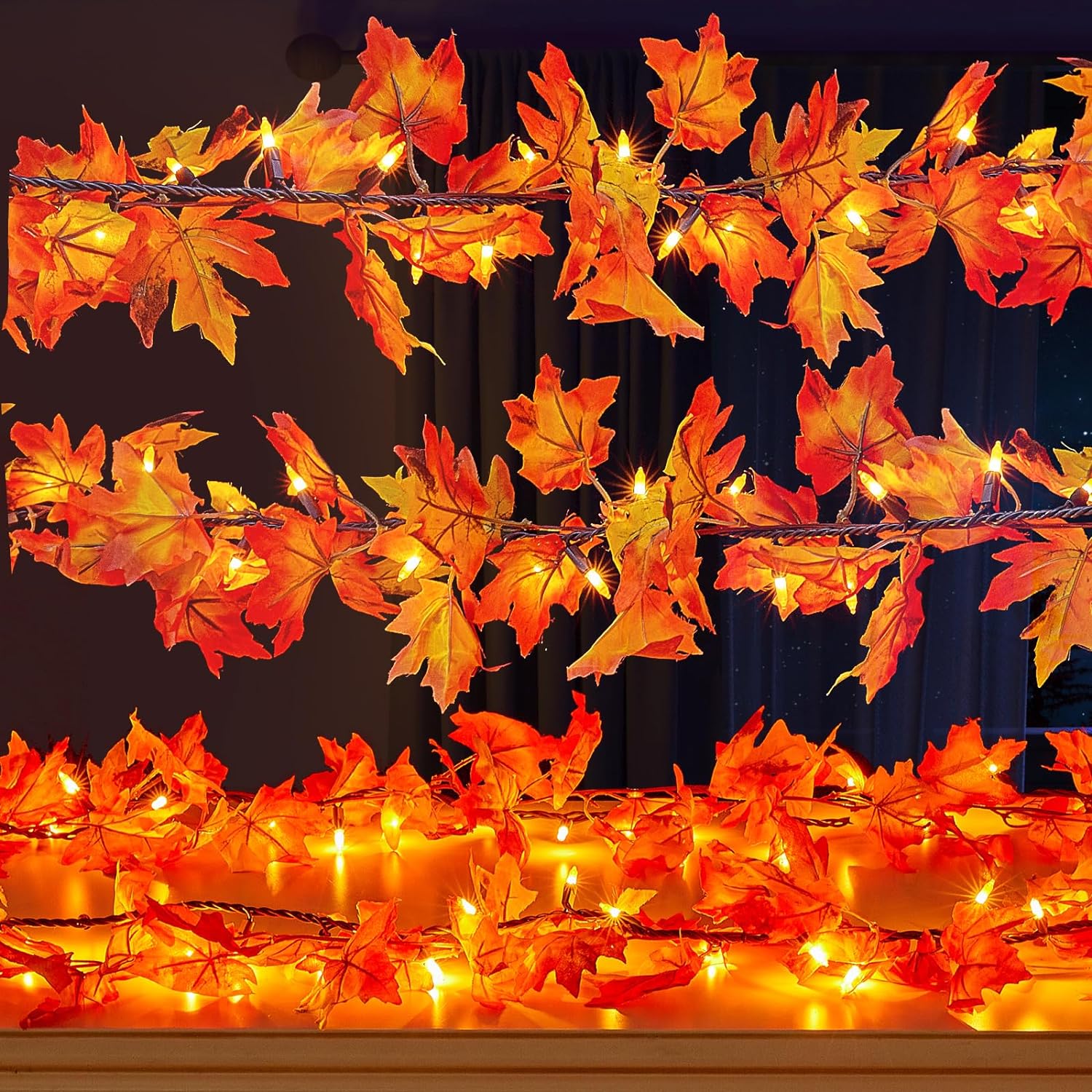 Fall Decorations for Home 9FT Plug in Thanksgiving Lights Lighted Fall Garland 50 Bulbs Maple Leaves Lights, Connectable Fall Lights for Indoor Outdoor Halloween, Thanksgiving, Holidays Decorations