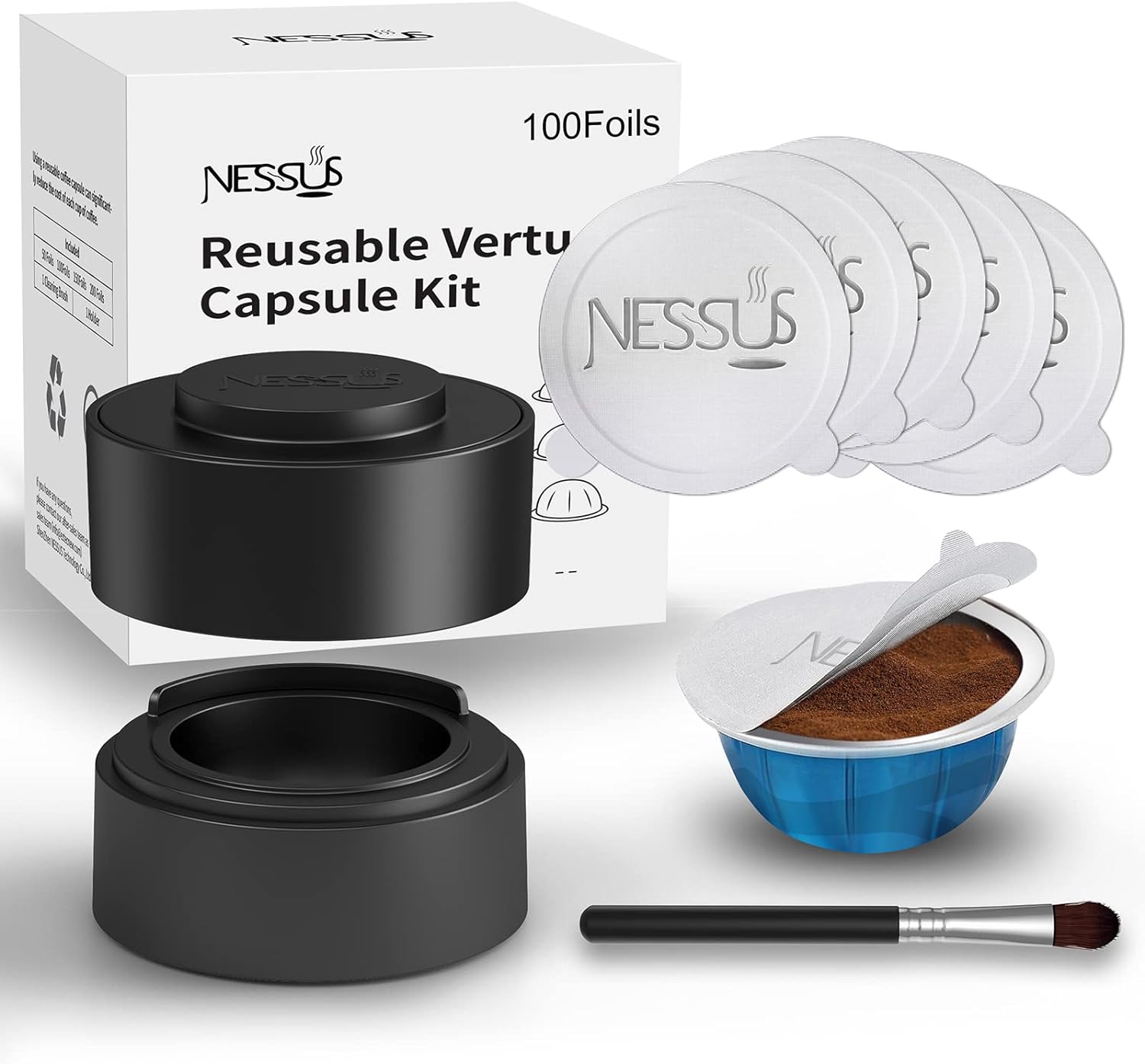 Reusable Vertuo Capsule Kit, [ALSeal EZ FIT] for Reusable Nespresso Pods with 100 Pcs Aluminum Foil Seal Lids, Holder, Brush, for Refilling Nespresso Vertuo Pods Reusable Vertuoline Pod