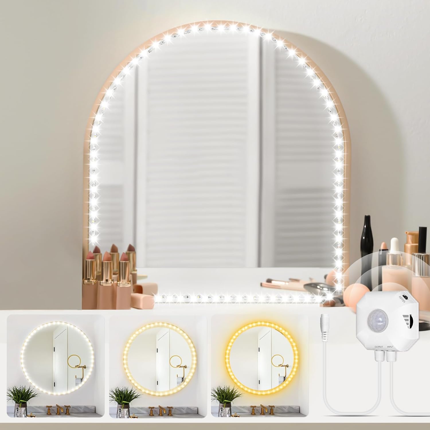 LED Vanity Lights for Mirror 13ft, 3 Color Vanity Mirror Lights Adjustable Brightness 3 Button/App Control Bright Makeup Mirror Lights Stick on for Vanity Desk Dressing Room Mirror,Mirror Not Included