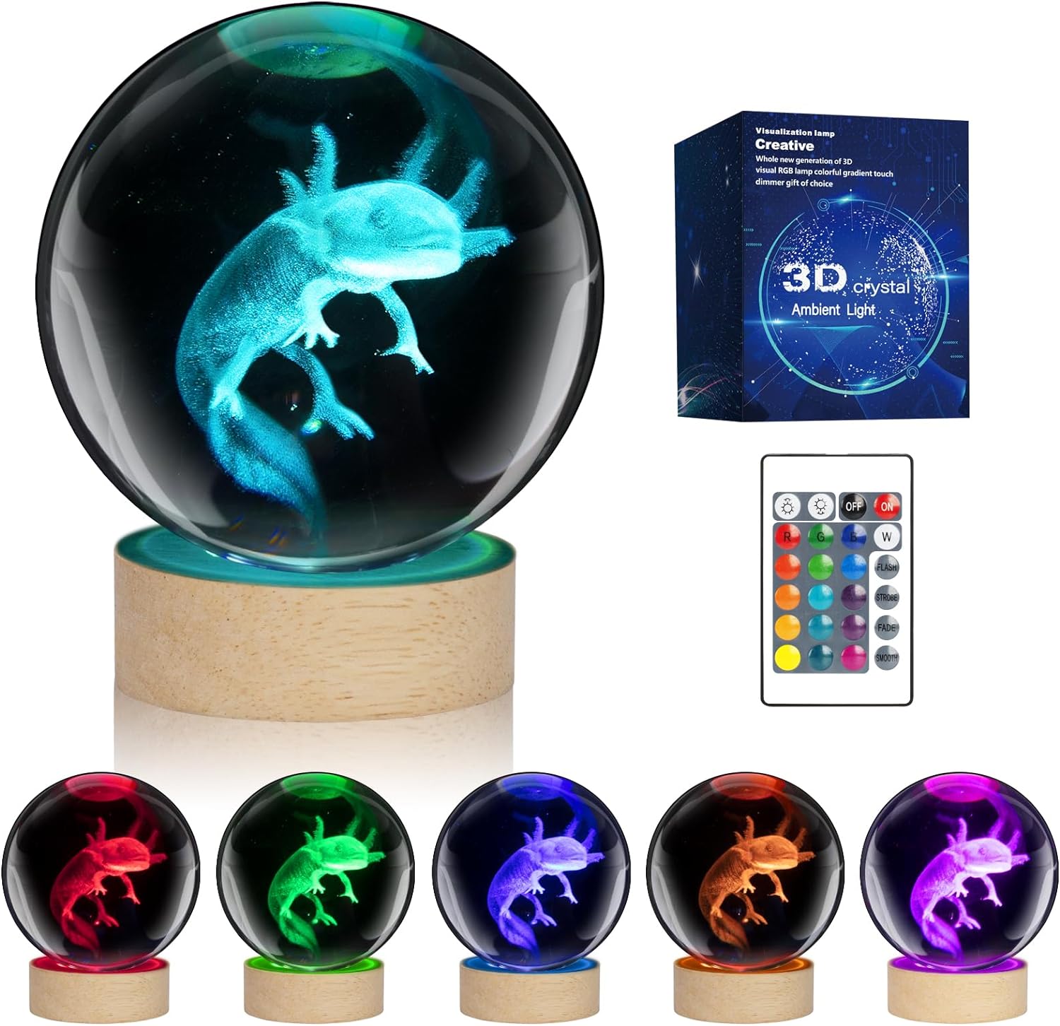 Axolotl Valentines Day Crystal Ball Lamp,3D K9 Crystal Ball Night Light with Wooden Base,3.15 inch Axolotl Glass Ball Lamp with USB, 16 Colors Change,Remote Control,Birthday Christmas Axolotl Gift