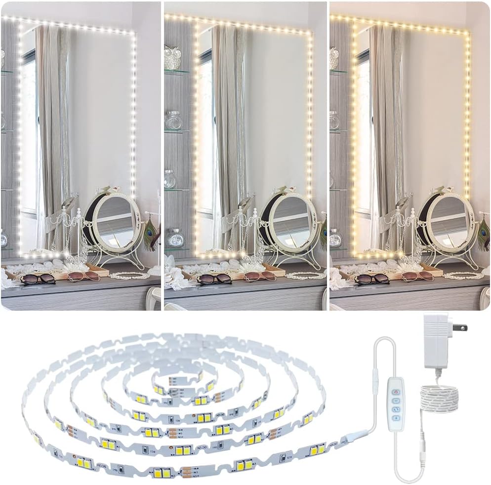 13ft/4M Led Vanity Mirror Warm White Lights Kit Bendable NO NEED TO CUT Vanity Make-up Mirror Cloakroom Adjustable Flexible Strip Light Table Set with Dimmer and Power Supply Mirror Not Included