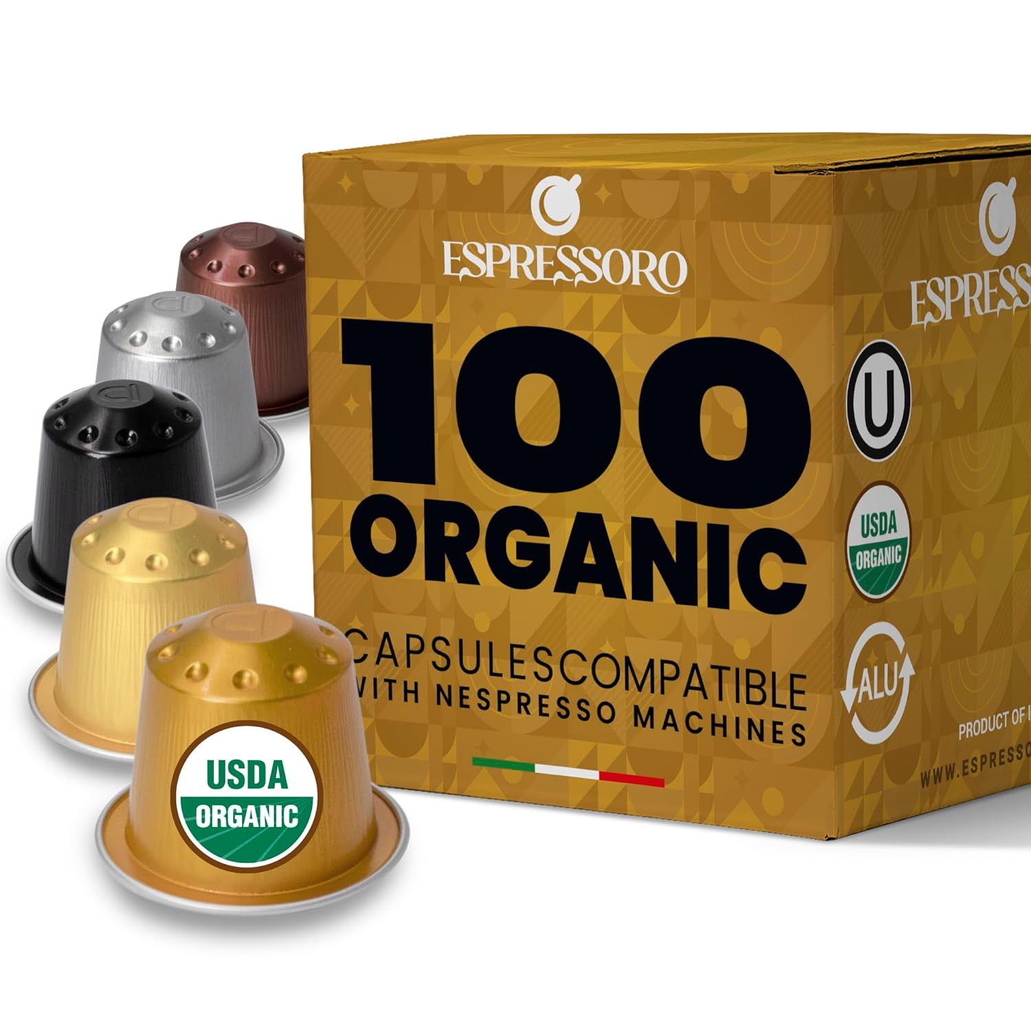 ESPRESSORO 100 USDA Organic Espresso Pods - VARIETY PACK Aluminum Capsule Compatible with Nespresso Original Lines Machines. Assorted Premium Italian Expresso Coffee Capsules