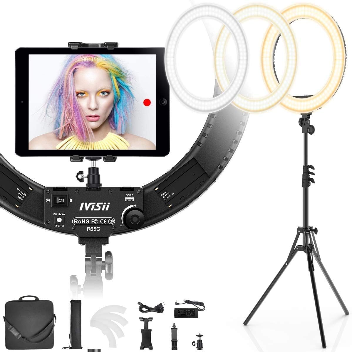 19 inch Ring Light with Stand and Phone Holder,60W Bi-Color or for Live Stream/Makeup/YouTube Video/TikTok/Zoom/Photography Black