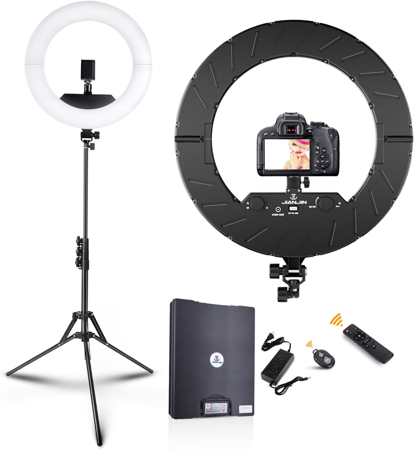 Ring Light Kit:18/45cm Outer 55W6700k Dimmable LED Light, Tripod Stand, Remote Controller,Box for Camera,Smartphone,YouTube,TikTok,Self-Portrait Shooting,CRI90,Black