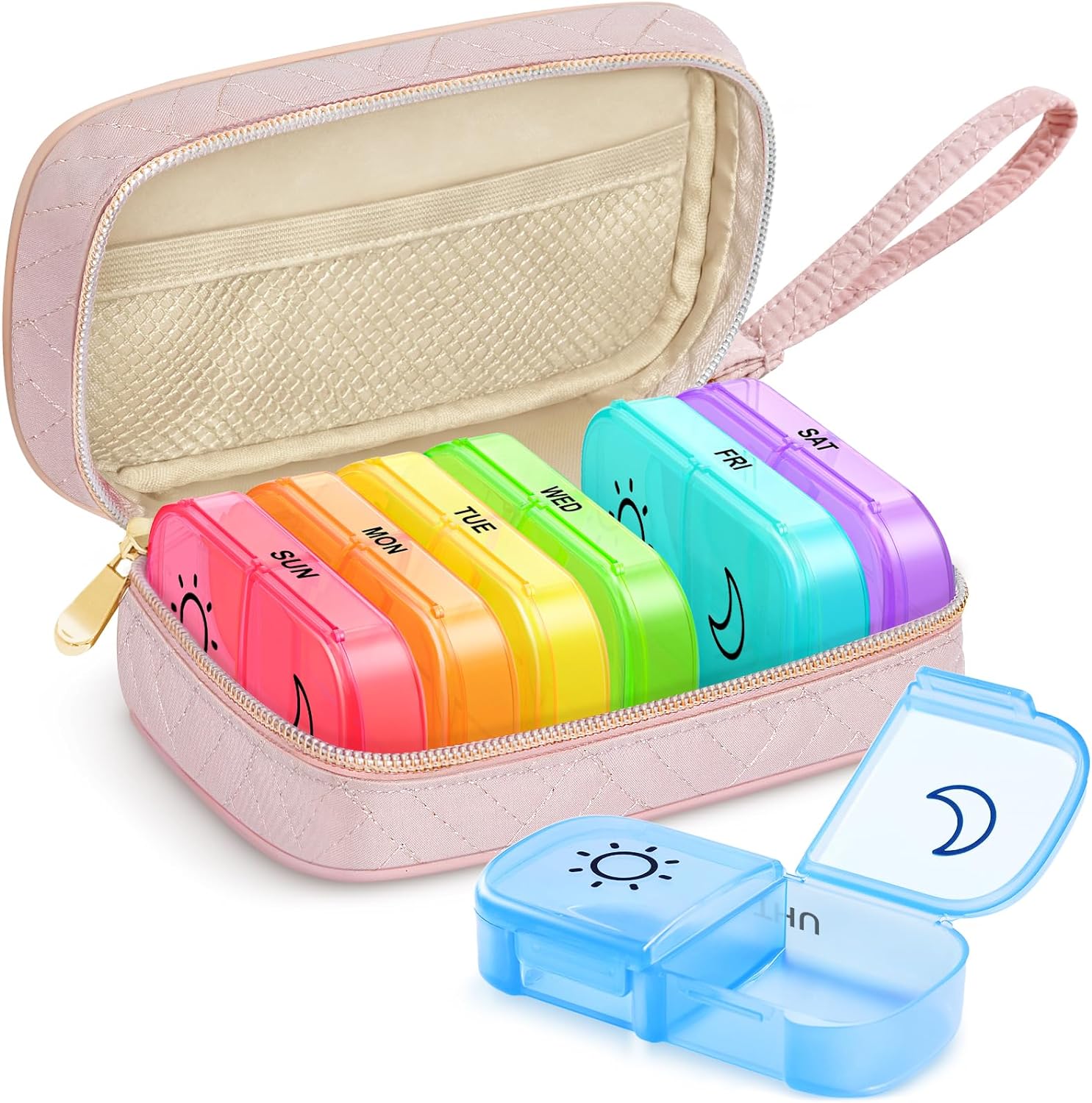 ZIKEE Weekly Pill Organizer 2 Times a Day, Stylish Pill Box 7 Day with Soft Peach-Skin Fabric & Detachable Handle for Travel, Pill Case for Vitamin/Fish Oil/Medicine/Supplements (Pink)