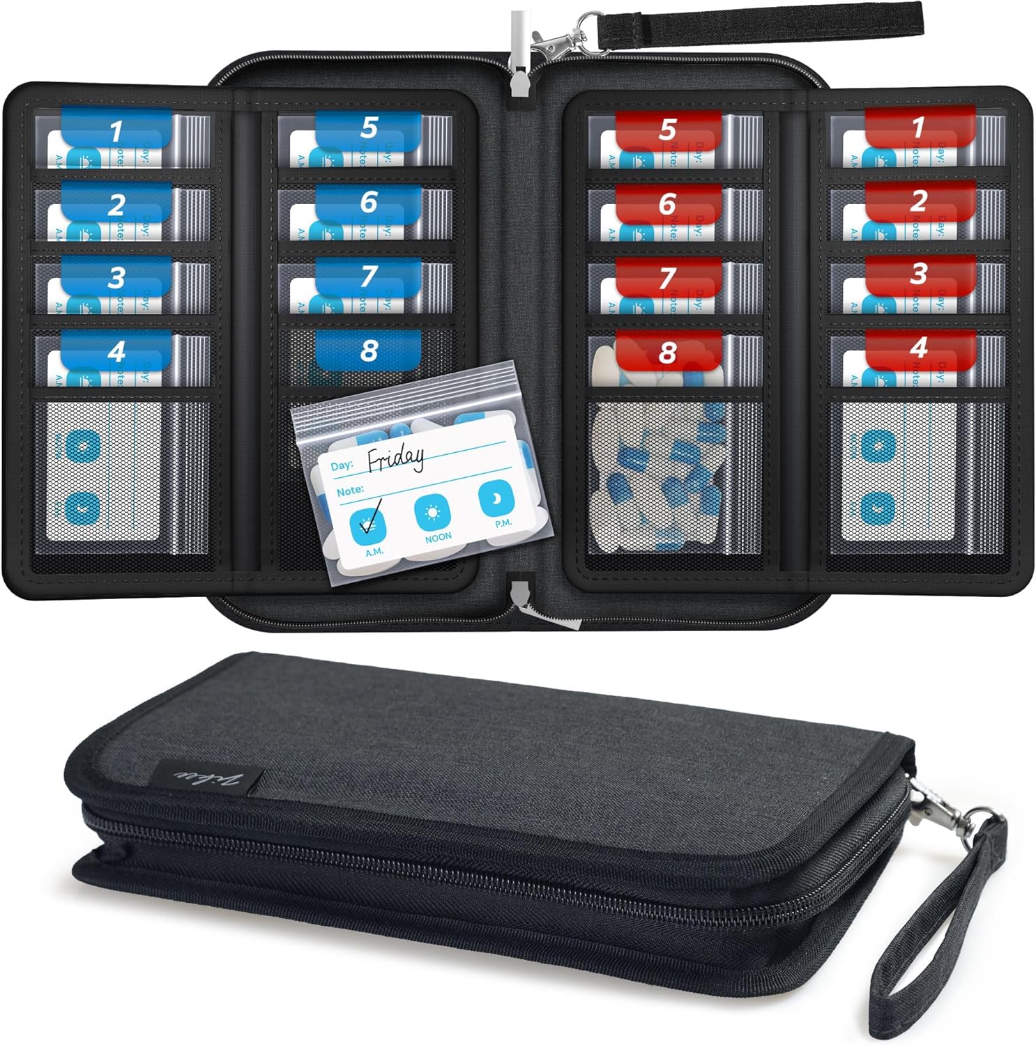 ZIKEE Slim Folding Pill Organizer Bag with 20 Writable BPA-Free Pill Pouches, Travel 22 Slot Pill Box Bag with a Zipper Design for Safely Storing Vitamins, Medications, Prescriptions, Fish Oil