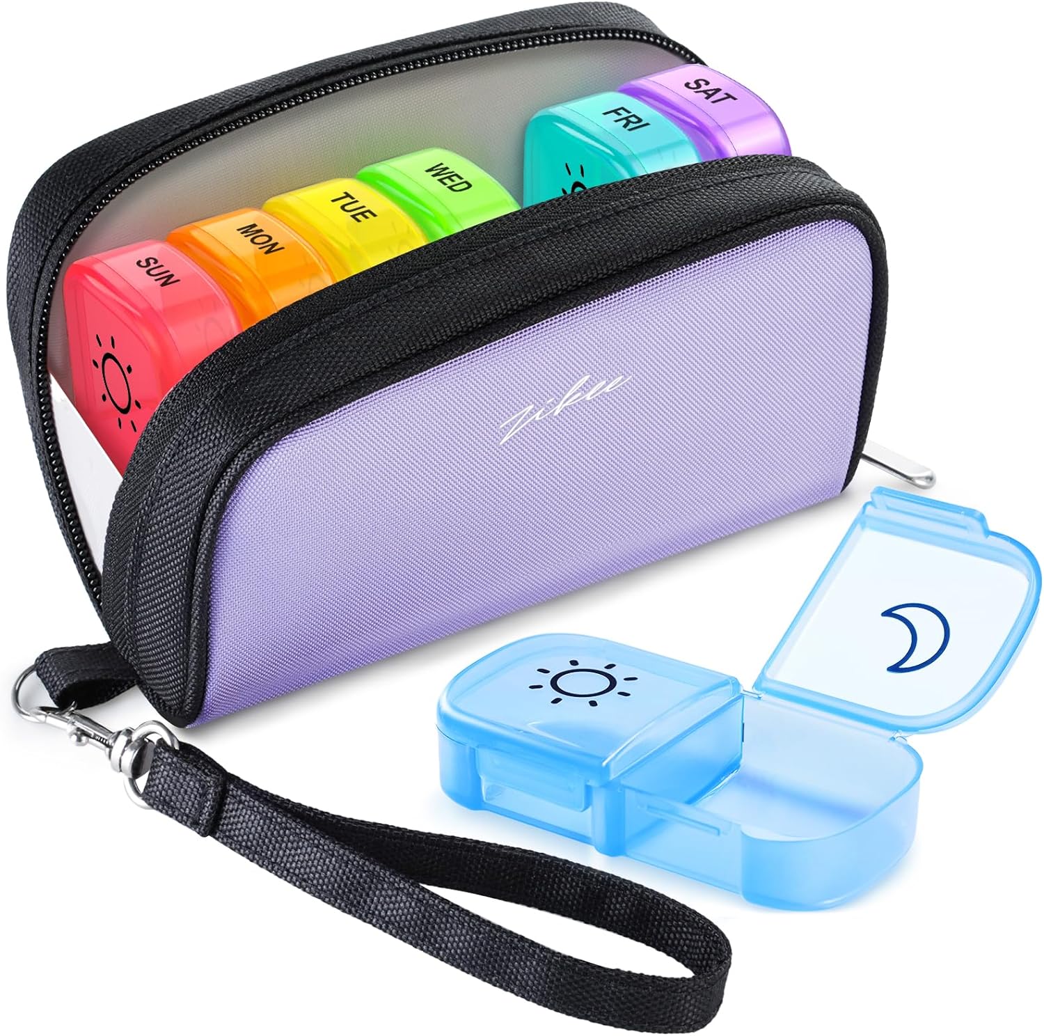 Stylish ZIKEE Weekly Pill Organizer 2 Times a Day, Pill Box 7 Day with a Fashionable Purple Oxford Bag & a Detachable Handle for Travel, Pill Case for Vitamins, Fish Oils, Medicines, Supplements