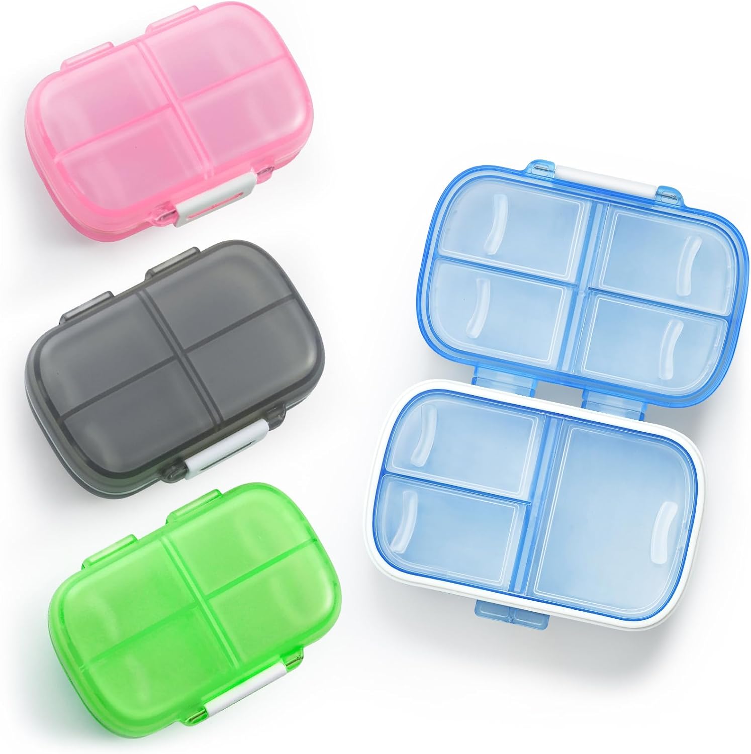 Portable Travel Pill Organizer 4-Pack, ZIKEE Pill Box Easy to Open, Large Medicine Organizer Holds Up to 13 Fish Oils on 1 XL Compartment, Daily Pill Holder Fits Purse, Pocket to Carry Vitamins