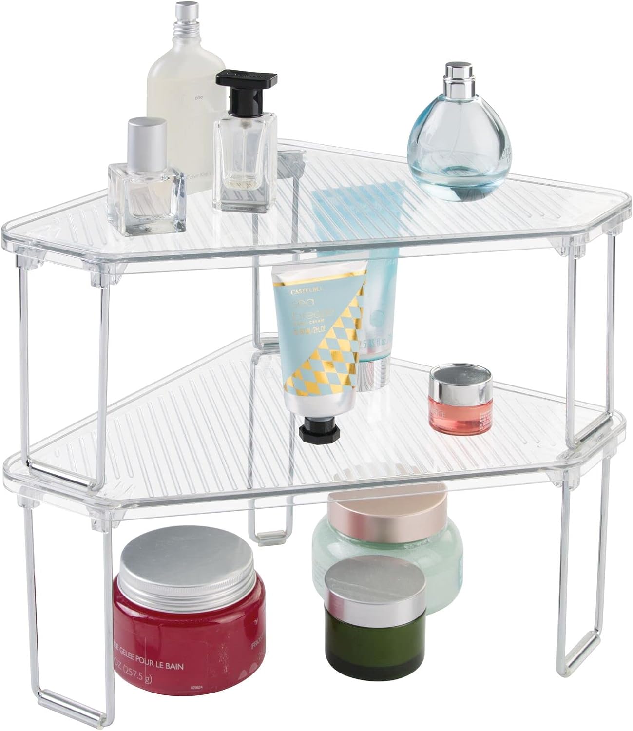 mDesign Plastic/Steel Corner Stackable Rack, Storage Organizer Shelf for Bathroom, Vanity, Countertop, Sink, Cabinet, Holds Makeup, Shower Accessories, Ligne Collection - 2 Pack - Clear