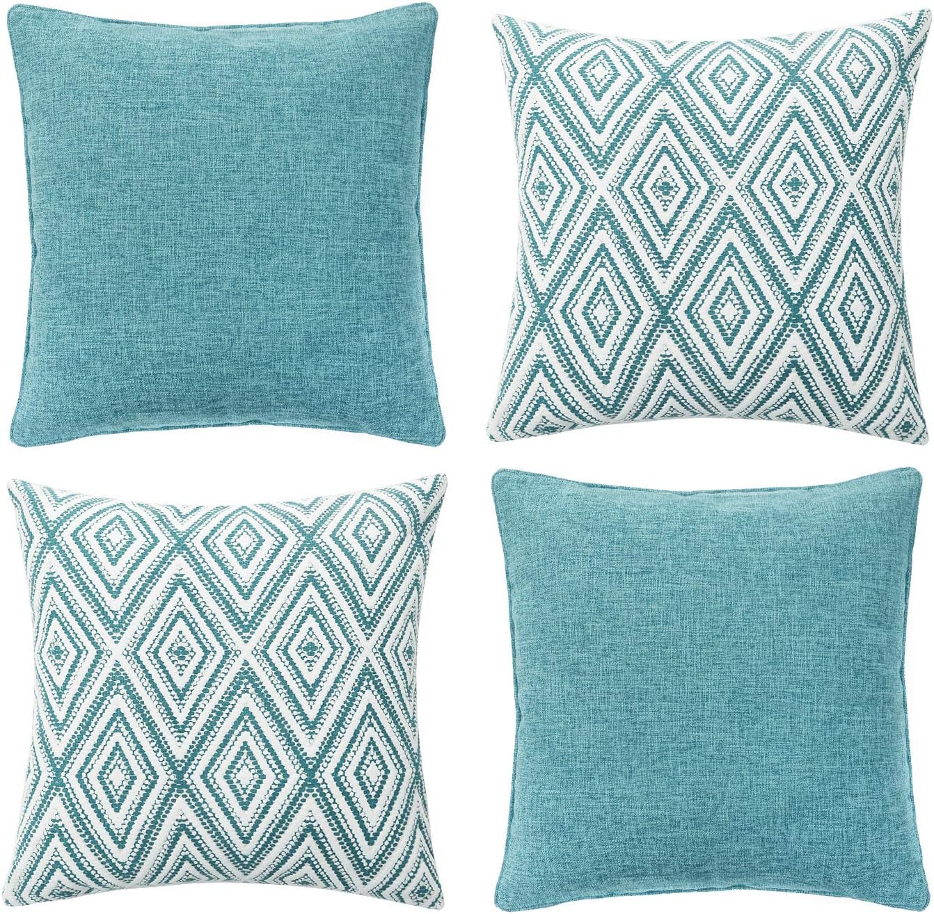 HPUK Decorative Throw Pillow Covers Set of 4 Geometric Design Linen Cushion Cover for Couch Sofa Living Room, 18x18 inches, Aqua Blue