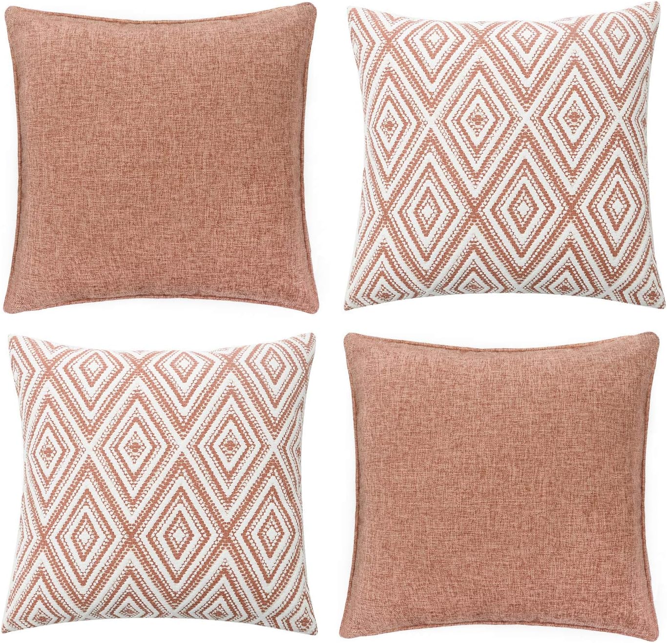 HPUK Decorative Throw Pillow Covers Set of 4 Geometric Design Linen Cushion Cover for Couch Sofa Living Room, 18x18 inches, Coral