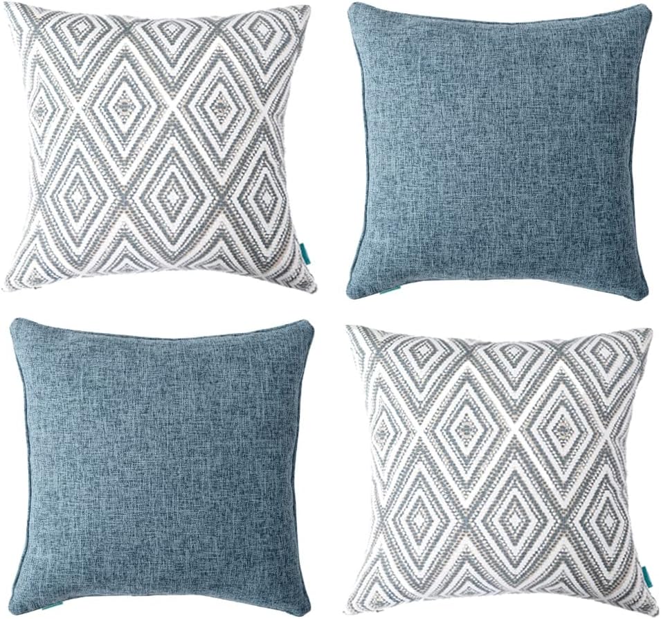 HPUK Decorative Throw Pillow Covers Set of 4 Square Couch Pillows Linen Cushion Cover for Couch Sofa Living Room, 18x18 inches, Blue
