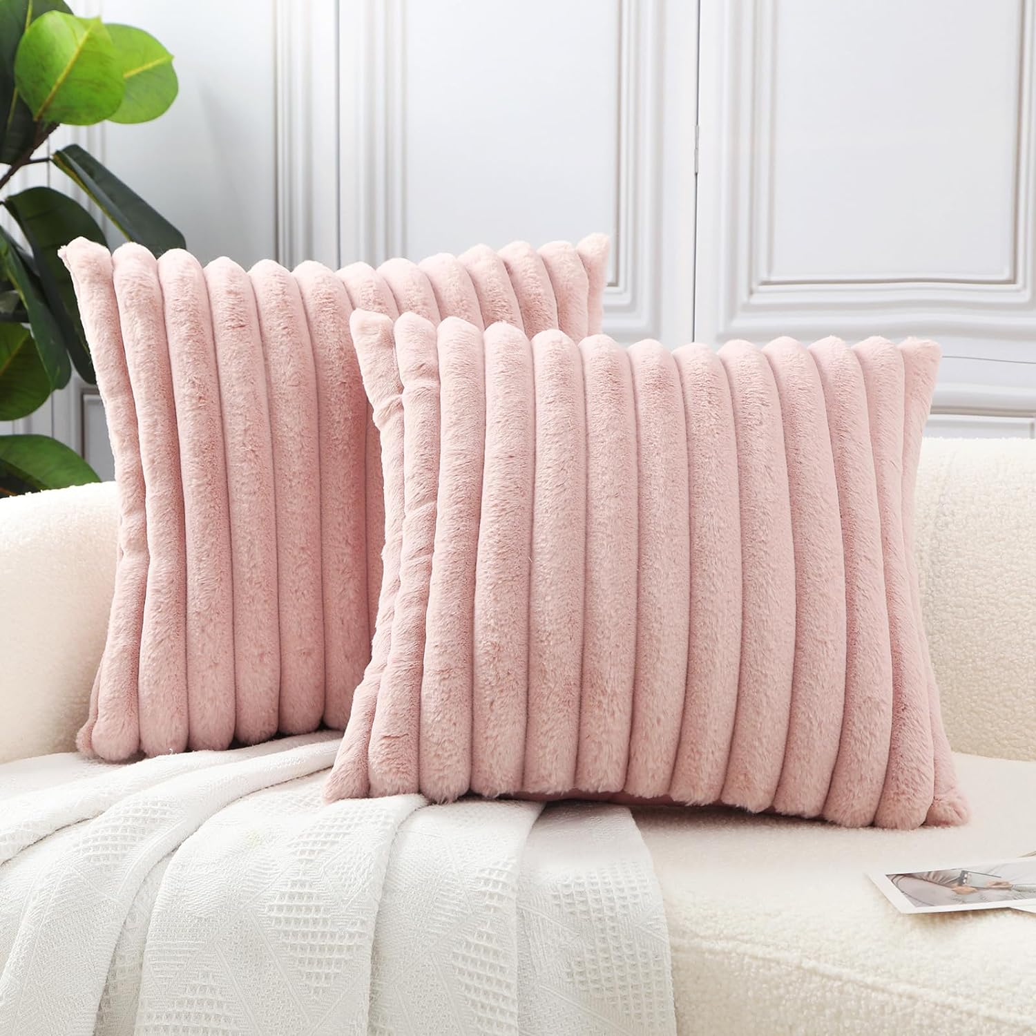 HPUK Faux Fur Plush Striped Throw Pillow Covers 18x18 Inch, Decorative Fluffy Couch Pillow Covers for Living Room, Accent Cozy and Fuzzy Pillow Covers for Couch, Sofa, and Bedroom(Light Pink)