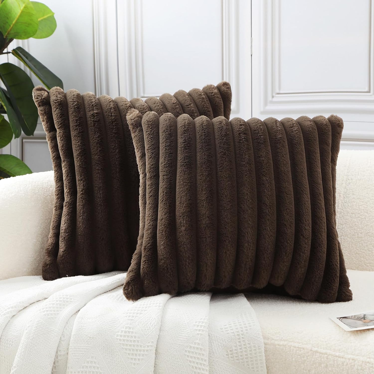 HPUK Faux Fur Plush Striped Throw Pillow Covers 18x18 Inch, Decorative Fluffy Couch Pillow Covers for Living Room, Accent Cozy and Fuzzy Pillow Covers for Couch, Sofa, and Bedroom(Deep Brown)