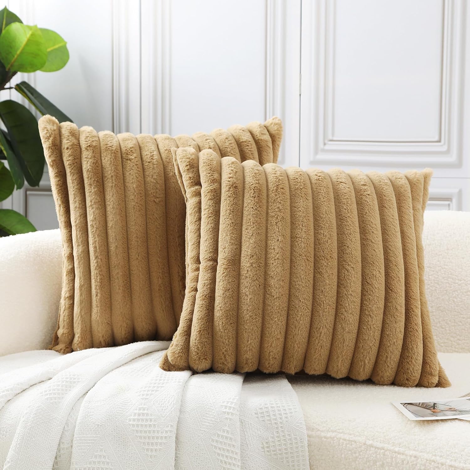 HPUK Faux Fur Plush Striped Throw Pillow Covers 18x18 Inch, Decorative Fluffy Couch Pillow Covers for Living Room, Accent Cozy and Fuzzy Pillow Covers for Couch, Sofa, and Bedroom(Light Brown)