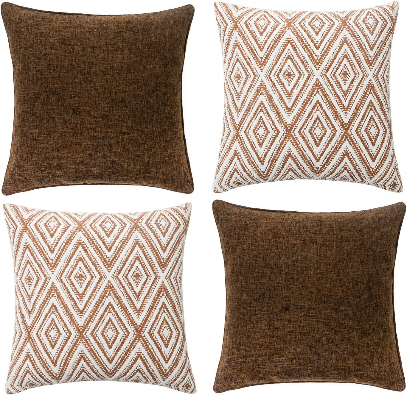 HPUK Decorative Throw Pillow Covers Set of 4 Geometric Design Linen Cushion Cover for Couch Sofa Living Room, 18x18 inches, Chocolate