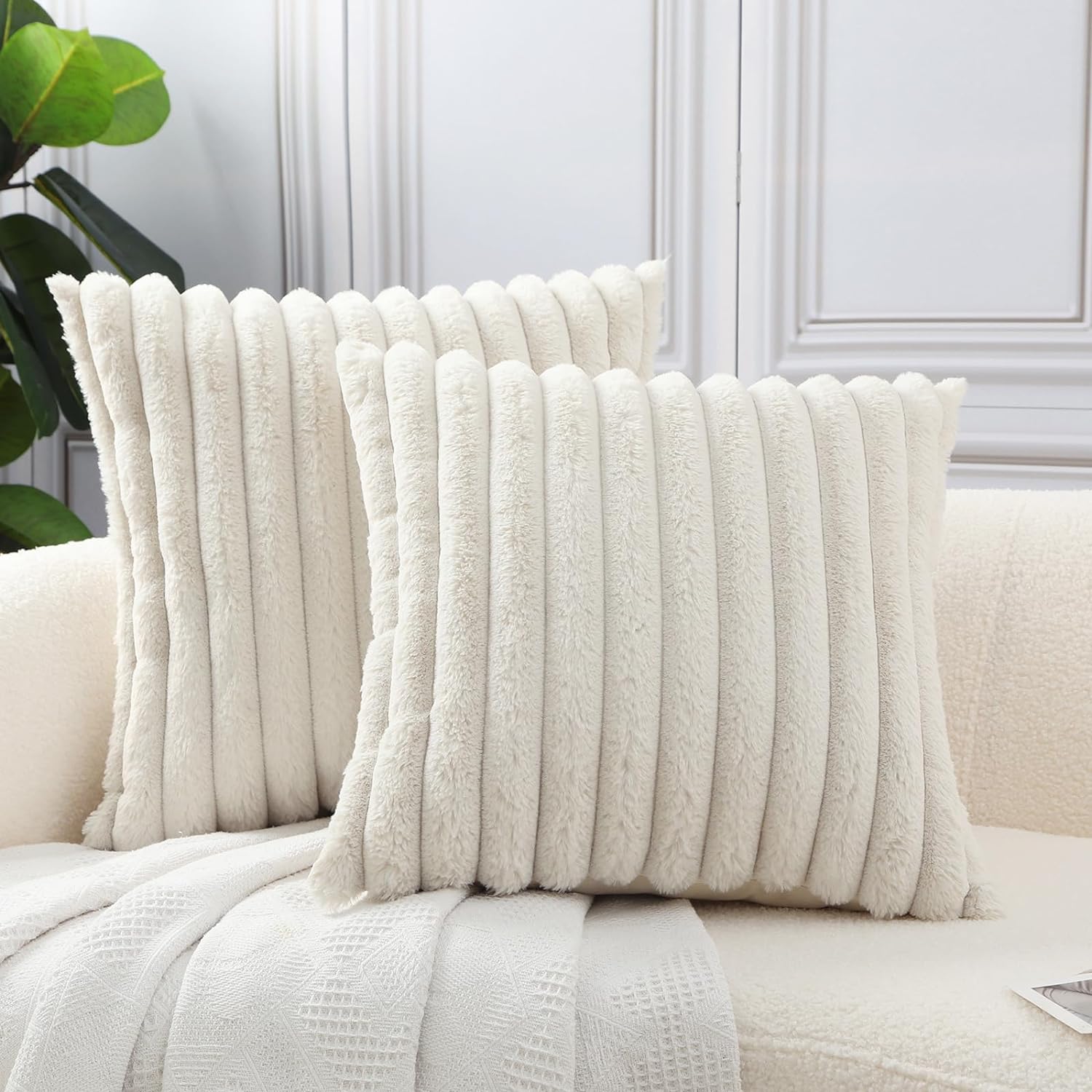 HPUK Faux Fur Plush Striped Throw Pillow Covers 18x18 Inch, Decorative Fluffy Couch Pillow Covers for Living Room, Accent Cozy and Fuzzy Pillow Covers for Couch, Sofa, and Bedroom(Cream White)