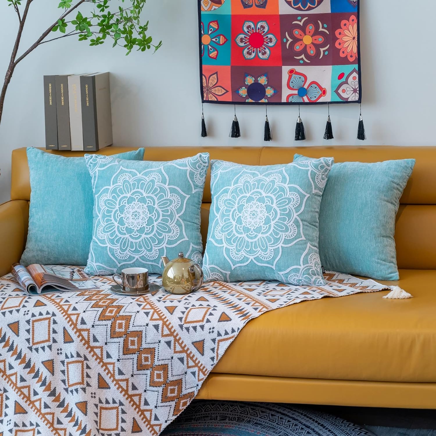 HPUK Set of 4 Decorative Throw Pillow Covers Mandala Print 2 Cushion Cover for Living Room Sofa Couch, 18x18 inch, Aqua Blue