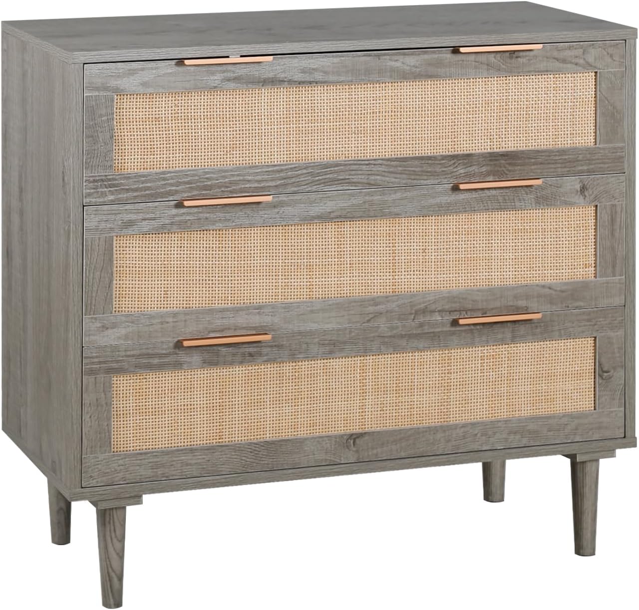 HOPUBUY 3 Drawer Dresser for Bedroom, Rattan Modern Closet Dressers Chest of Drawers, Wood Grey Storage Chest for Bedroom, Hallway, Living Room