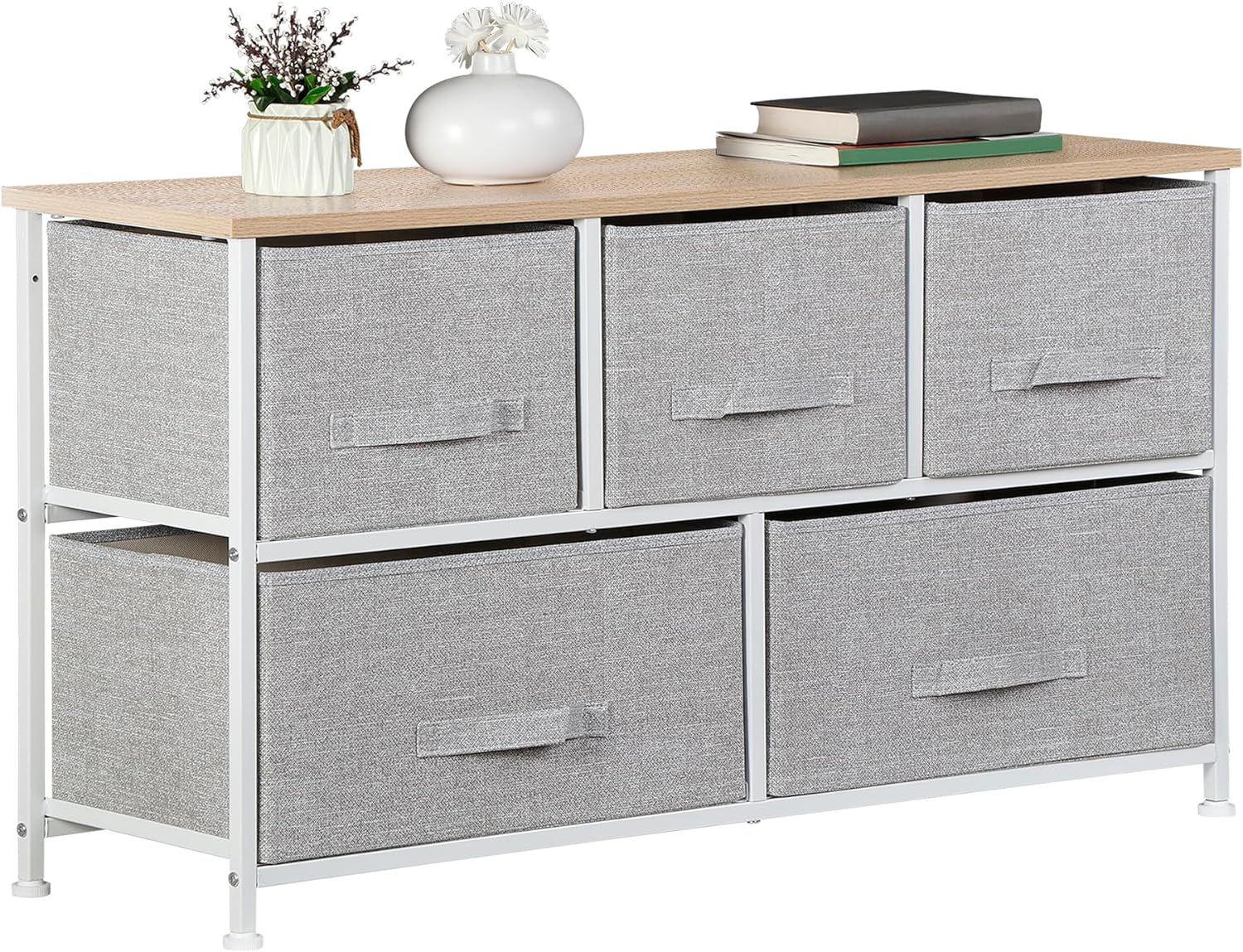 SUPER DEAL 5 Drawer Dresser for Bedroom Fabric Chest of Drawers for Closet Wide Clothes Storage Organizer with Heavy Duty Steel Frame and Wood Top, Light Grey