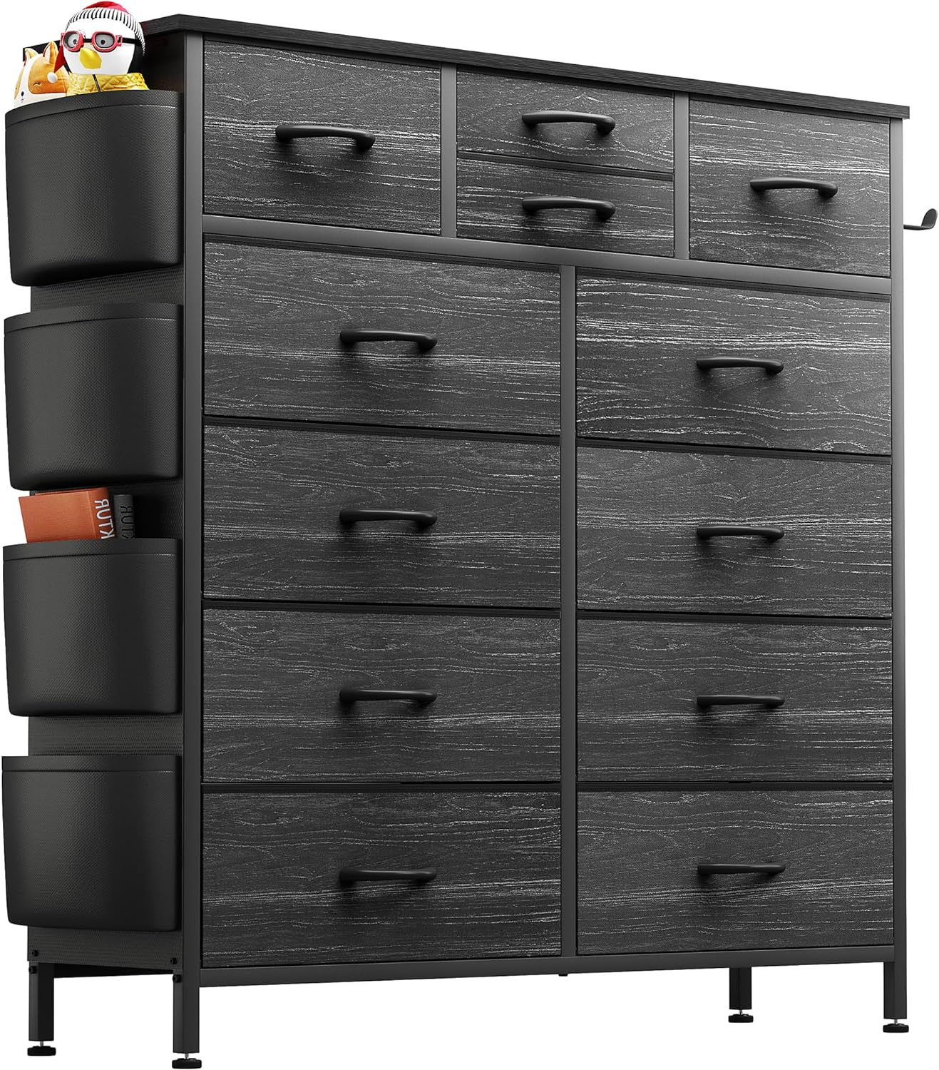 Lulive Dresser for Bedroom with 12 Drawers, Tall Dresser Chest of Drawers with Side Pockets and Hooks, Fabric Dresser Storage Tower for Closet, Hallway, Living Room (Black Wood Grain)