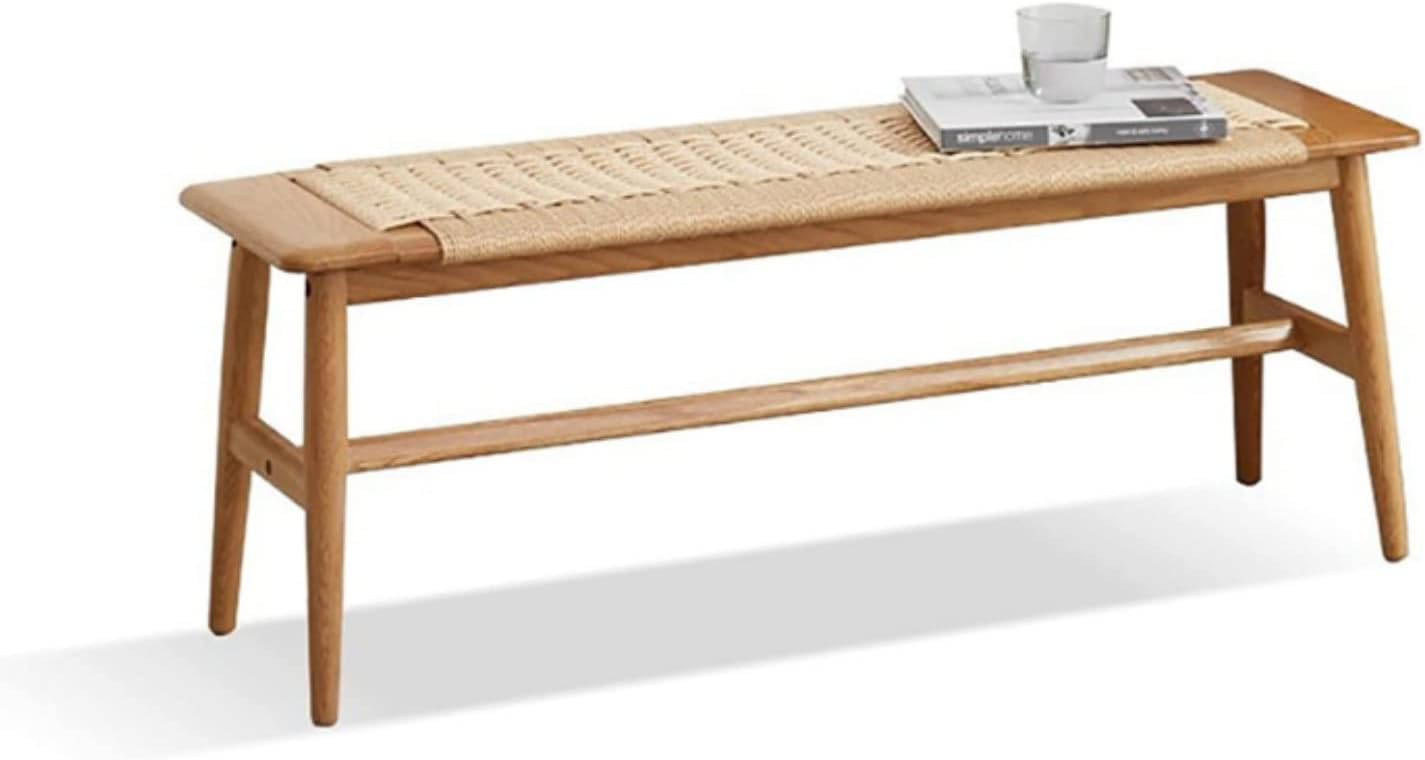 32 L 100% Solid Oak Wood Bench with Hand-Woven Rope, Premium Quality, Versatile Seating for Entryway, Dining Room, Bedroom, Kitchen - Easy Assembly (Natural)