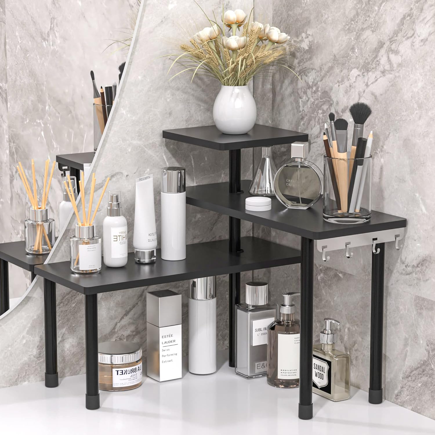 JayRex Countertop Corner Shelf, 3 Tier Moveable Organizer for Bathroom Counter, Make Up, Dresser Table, Desktop (Black)