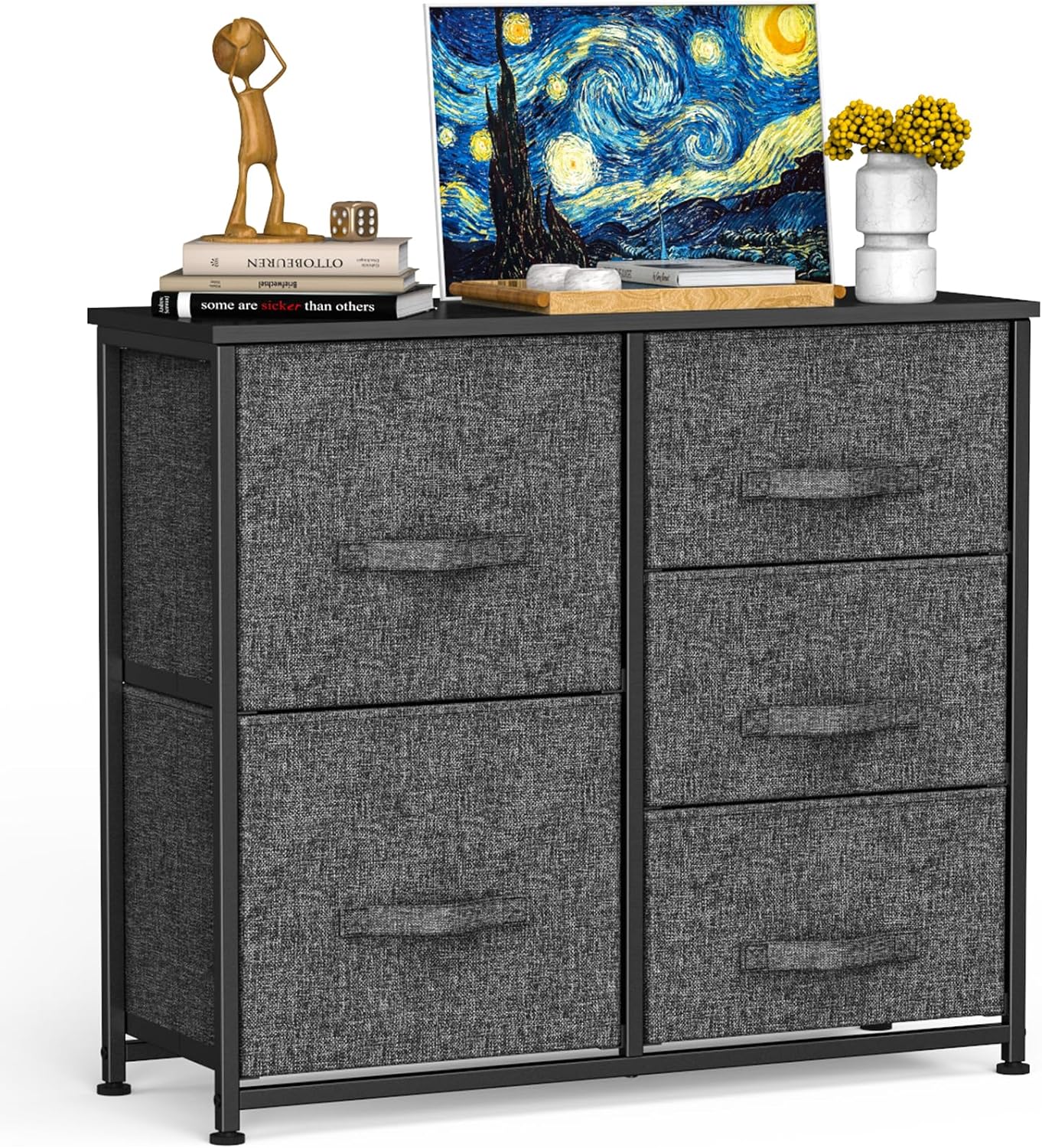 Pipishell Fabric Dresser, Wide Chest of Drawers,5 Drawer Storage Chest Tower for Bedroom, Closet,Hallway, Entryway, Closets and Living Room,Dark Grey/Black