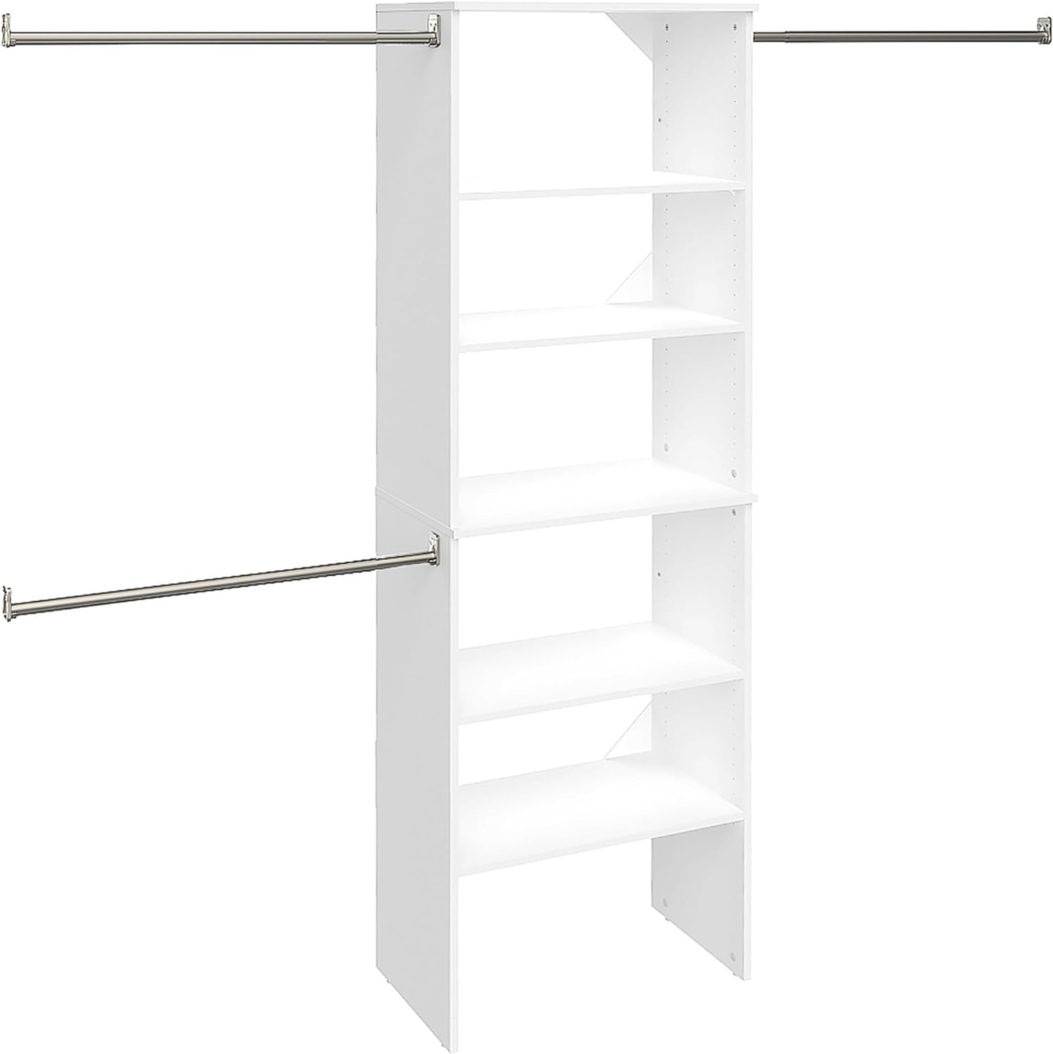 ClosetMaid SuiteSymphony Wood Closet Organizer Starter Kit Tower and 3 Hang Rods, Shelves, Adjustable, Fits Spaces 5  10 ft. Wide, Pure White, 25