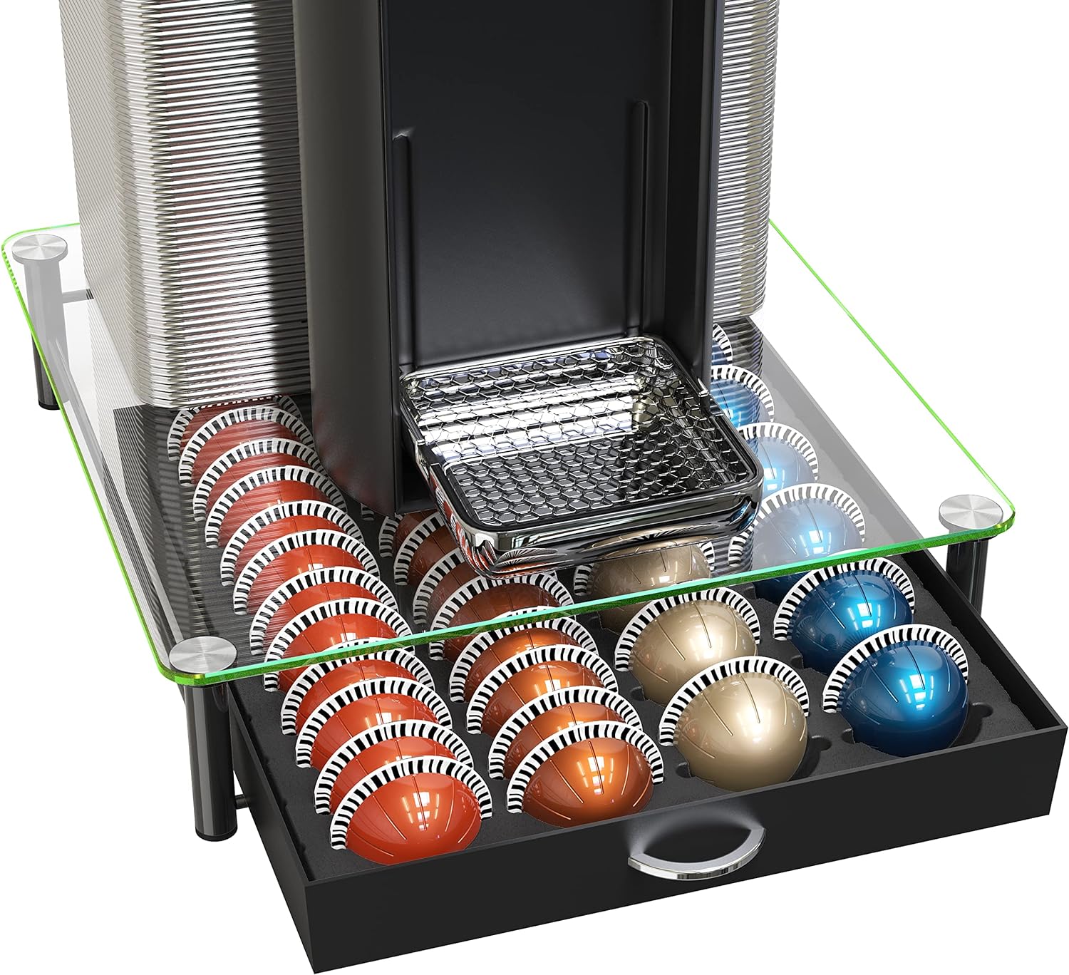 DecoBrothers Crystal Tempered Glass Vertuo Pod Holder Drawer, 24 Large or 48 Small Nespresso Capsule Organizer