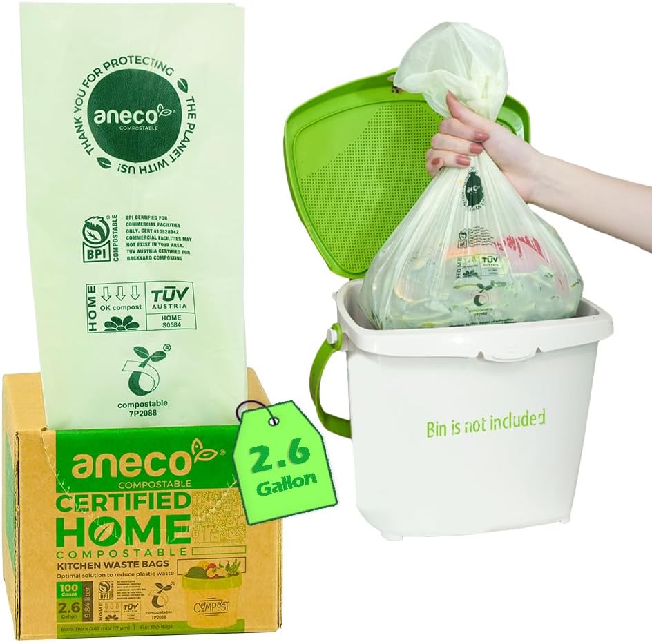 ANECO 100% Compostable Trash Bags 2.6 Gallon, Extra Thick Kitchen Small Compost Bags for Countertop Bin (100 Count)