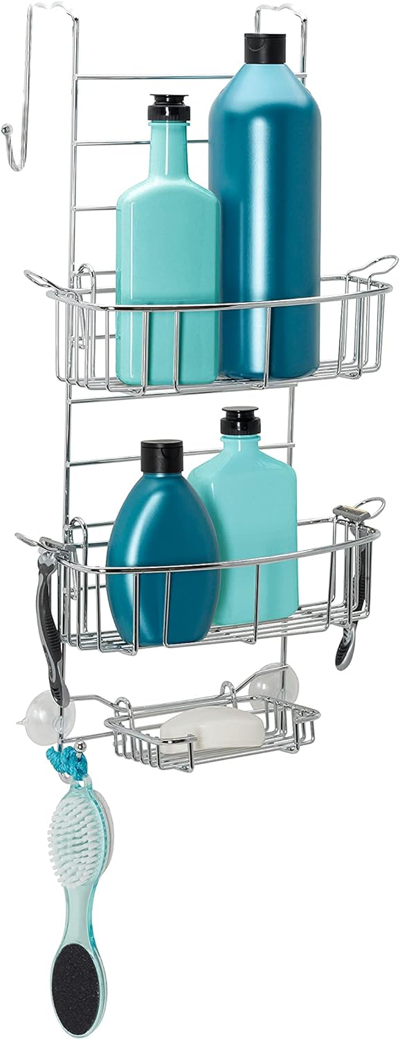 Zenna Home Hanging Shower Caddy, Over the Door, Rust Resistant, with 2 Storage Baskets, Soap Dish, Razor Holders and Hooks, Bathroom or Kitchen Shelf Organizer, No Drilling, Chrome