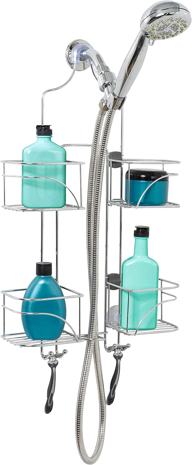 Zenna Home Hanging Shower Caddy, Over the Shower Head Bathroom Storage, Made for Handheld Shower Hoses, Rust Resistant, No Drilling, Expandable Organizer with 4 Baskets, Razor Holders, Hooks, Chrome