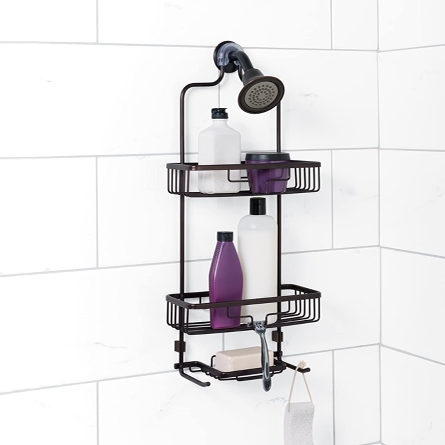 Zenna Home Hanging Shower Caddy, Over the Shower Head Bathroom Storage, Rustproof, No Drilling, Bath Organizer with 2 Shelves, Soap Tray, Razor Holders and Hooks, Bronze