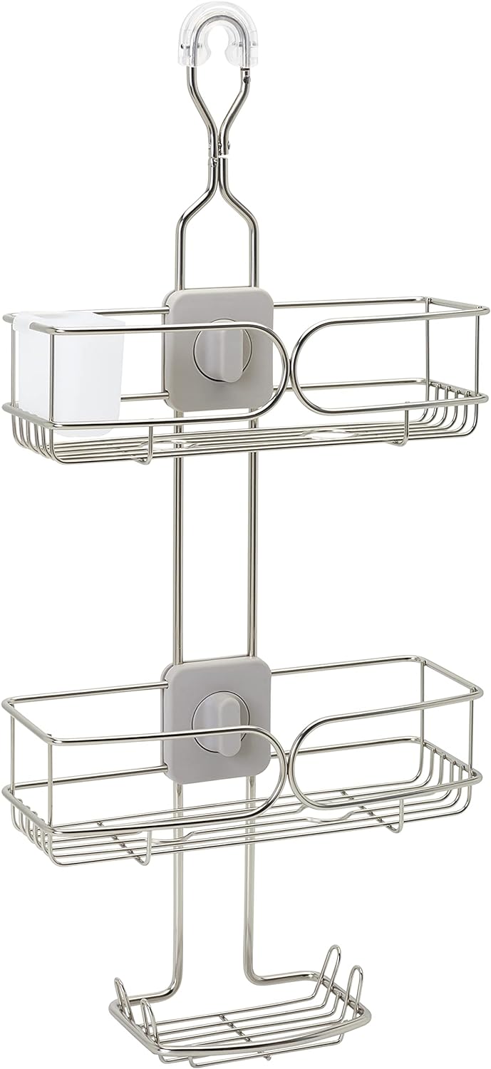 Zenna Home Rustproof 4-Way Adjustable Hanging Over-The-Shower Caddy, with Inverted Bottle Storage, Soap Dish, Razor Hooks and Storage Cup, Stainless Steel