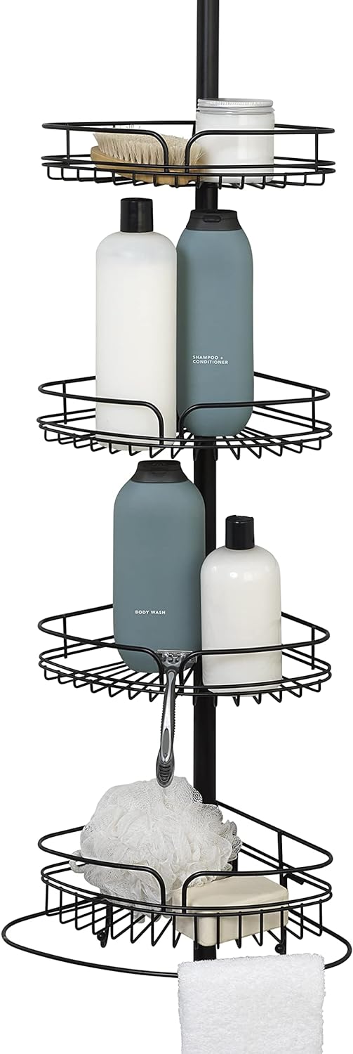 Zenna Home Rust-Resistant Corner Shower Caddy for Bathroom, 4 Adjustable Shelves with Towel Bar and Hooks, with Tension Pole, for Bath and Shower Storage, 60-97 Inch, Matte Black