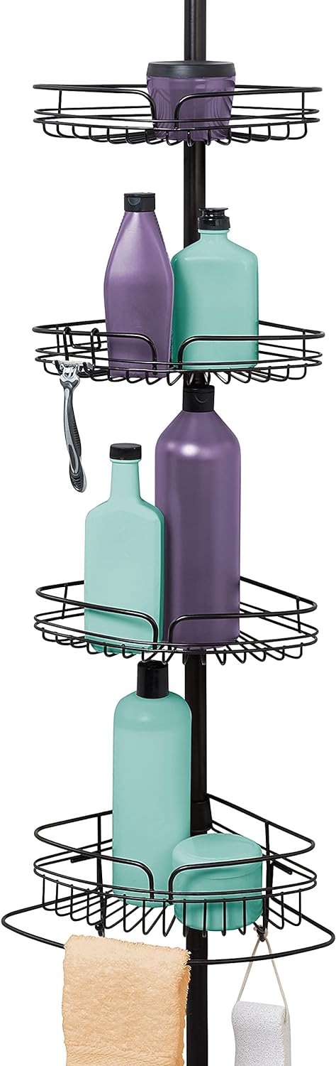 Zenna Home Rust-Resistant Corner Shower Caddy for Bathroom, 4 Adjustable Shelves with Towel Bar and Hooks, with Tension Pole, for Bath and Shower Storage, 60-97 Inch, Bronze