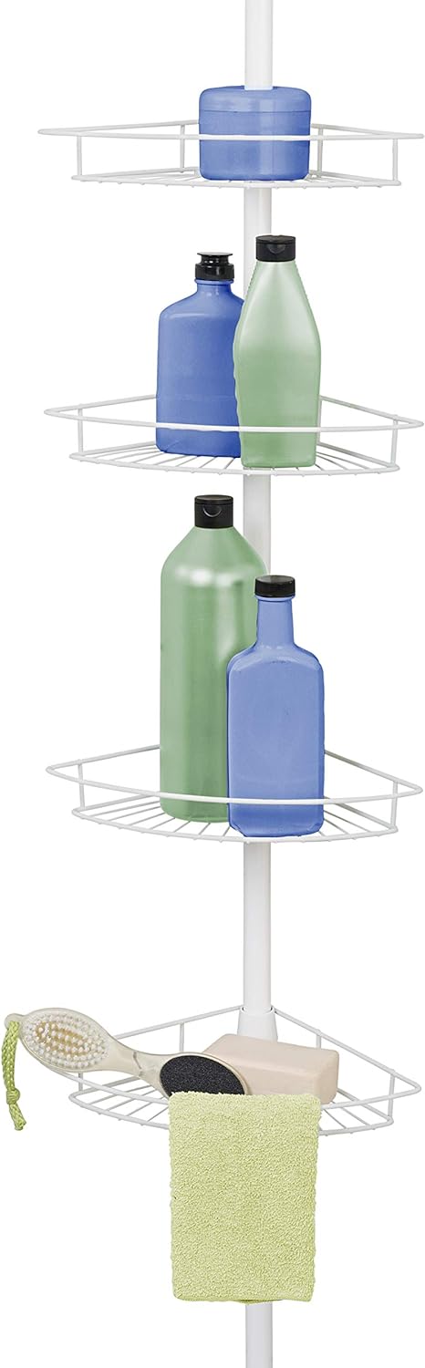 Zenna Home Tension Pole Shower Caddy, 4 Basket Shelves with Built-In Towel Bars, Adjustable, 60 to 97 Inch, White