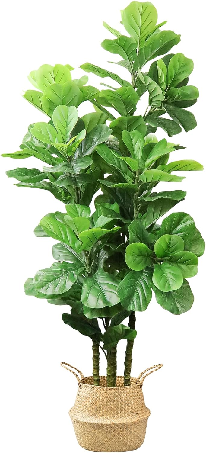 6ft Artificial Fiddle Leaf Fig Tree with Woven Seagrass Basket, Tall Artificial Plants Indoor Large Faux Plants Fake Tree for Home Decor Office Living Room Outdoor-71 Inch