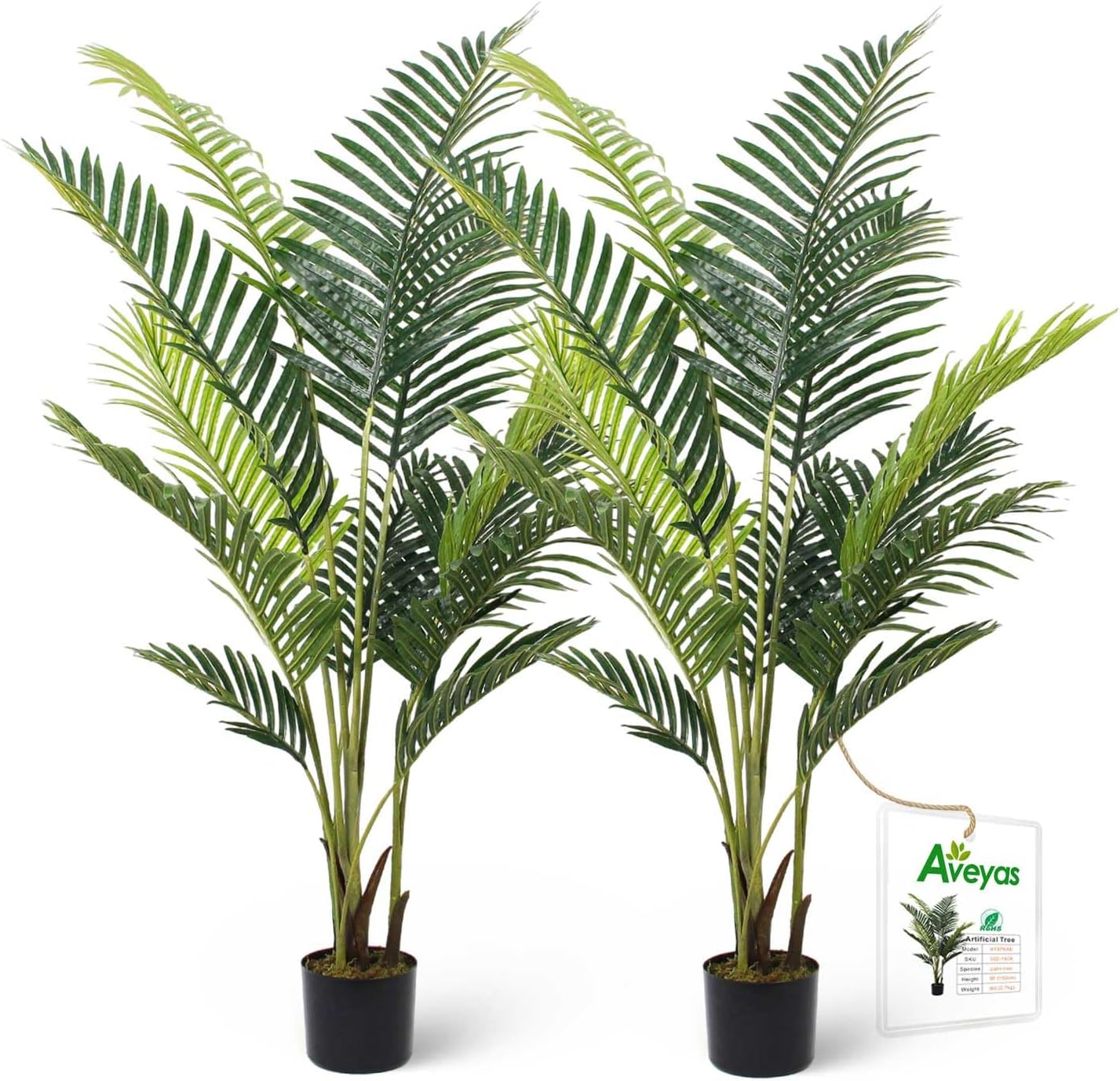 Aveyas 5ft Artificial Palm Tree for Home Decor, 5 Feet Faux Plant Fake Silk Tropical Kentia Areca Trees with Pot for Indoor Outdoor House Living Room Office Porch Garden (5 ft Tall) - Set of 2 Pack