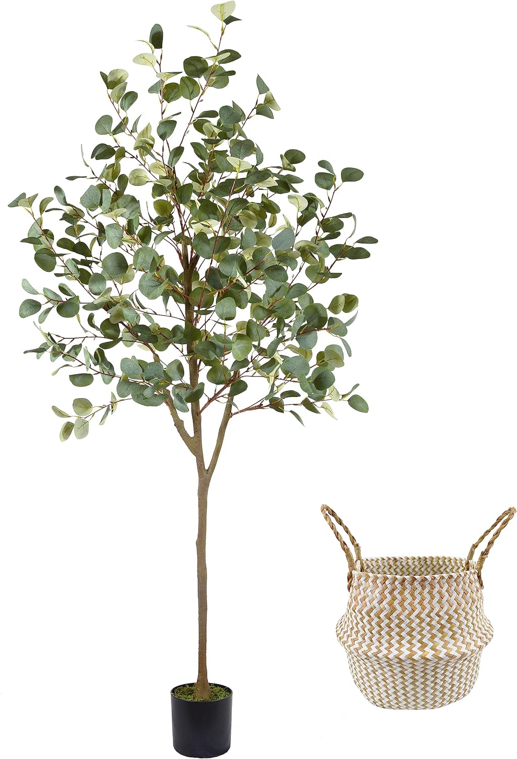 Artificial Eucalyptus Tree, 6ft Tall Fake Eucalyptus Plant with Basket, Green Silver Dollars Silk Leaves Faux Tree for Home Office Livingroom Floor Decor Indoor