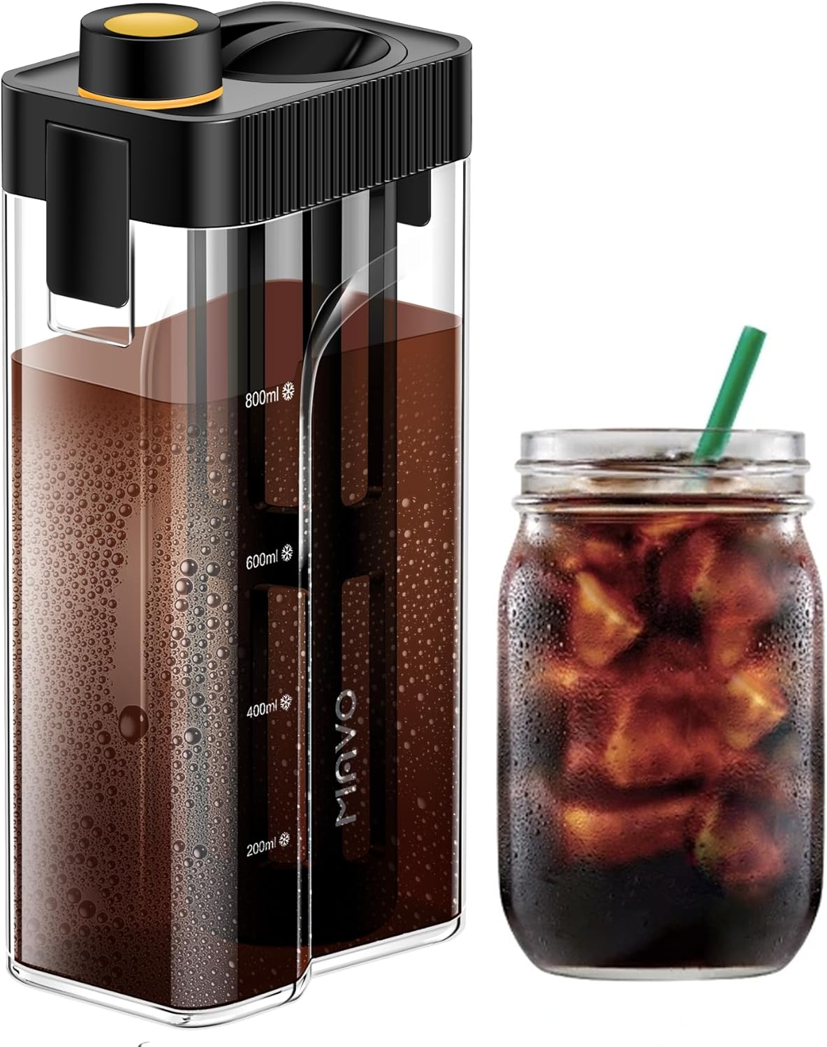 MAVO Cold Brew Coffee Maker, Iced Coffee Maker and Tea Brewer, 34 oz BPA Free Tritan Pitcher, 100% Leak-Proof, Compact, Durable, Easy to Clean Reusable Mesh Filter, Black