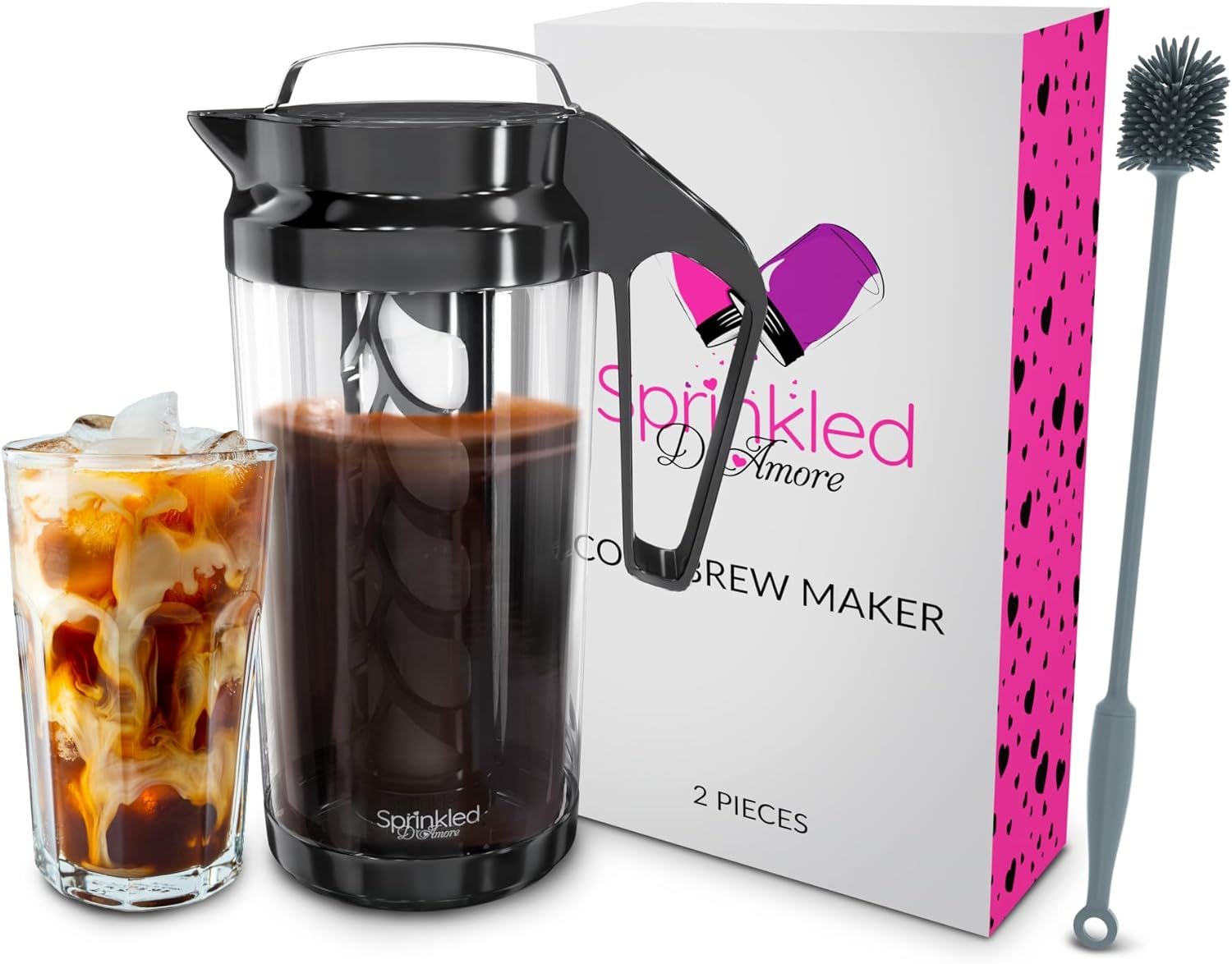 Sprinkled dAmore Cold Brew Coffee Maker - Premium Iced Coffee Brewer Pitcher Kit for Smooth, Low-Acidity Cold Brew Coffee - Easy to Clean - Incl. Silicon Brush