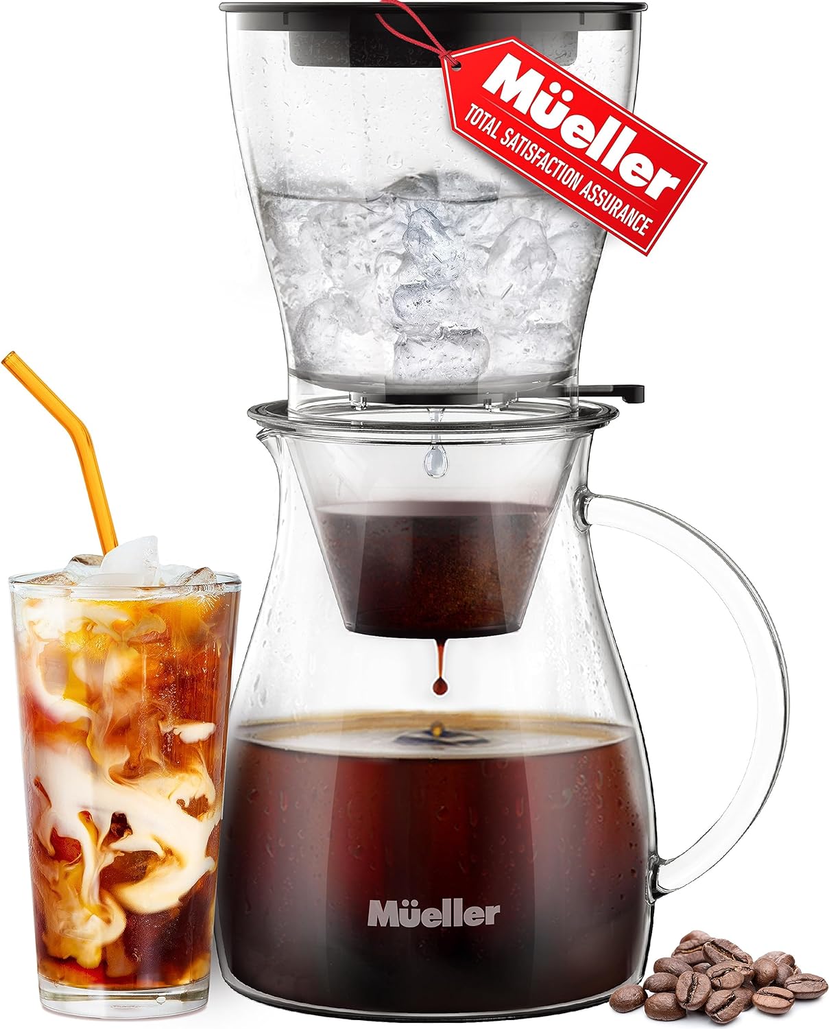 Mueller QuickBrew Smooth Cold Brew Coffee and Tea Maker 47 oz, Dripper Iced Coffee Brewer Maker with Adjustable Water Flow, Stainless Steel Filter, Borosilicate Glass Carafe