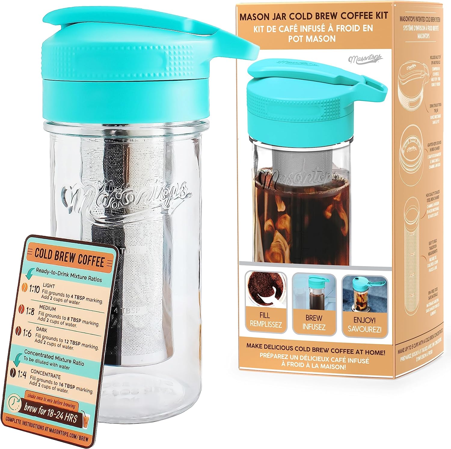 Masontops Cold Brew Makers Kit - Iced Coffee Cold Brew Coffee Maker Tea Maker - Easy Mason Jar Pour Spout & Sip Cap Coffee Accessories Coffee Cold Brew Maker 24 oz Iced Coffee Maker Cold Brew Machine